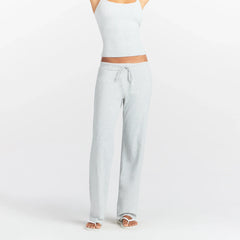 COTTON JERSEY STRAIGHT LEG PANT | LIGHT HEATHER GREY ON A MODEL FRONT VIEW