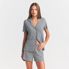 SOFT LOUNGE SHORT SLEEP SET | HEATHER GREY ON A MODEL FRONT VIEW @ | FOCUS: 0.0, 1.0, 0.9