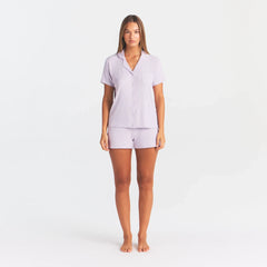 SOFT LOUNGE SHORT SLEEP SET | IRIS MICA ON A MODEL FRONT VIEW @ | FOCUS: 0.0, 1.0, 0.9