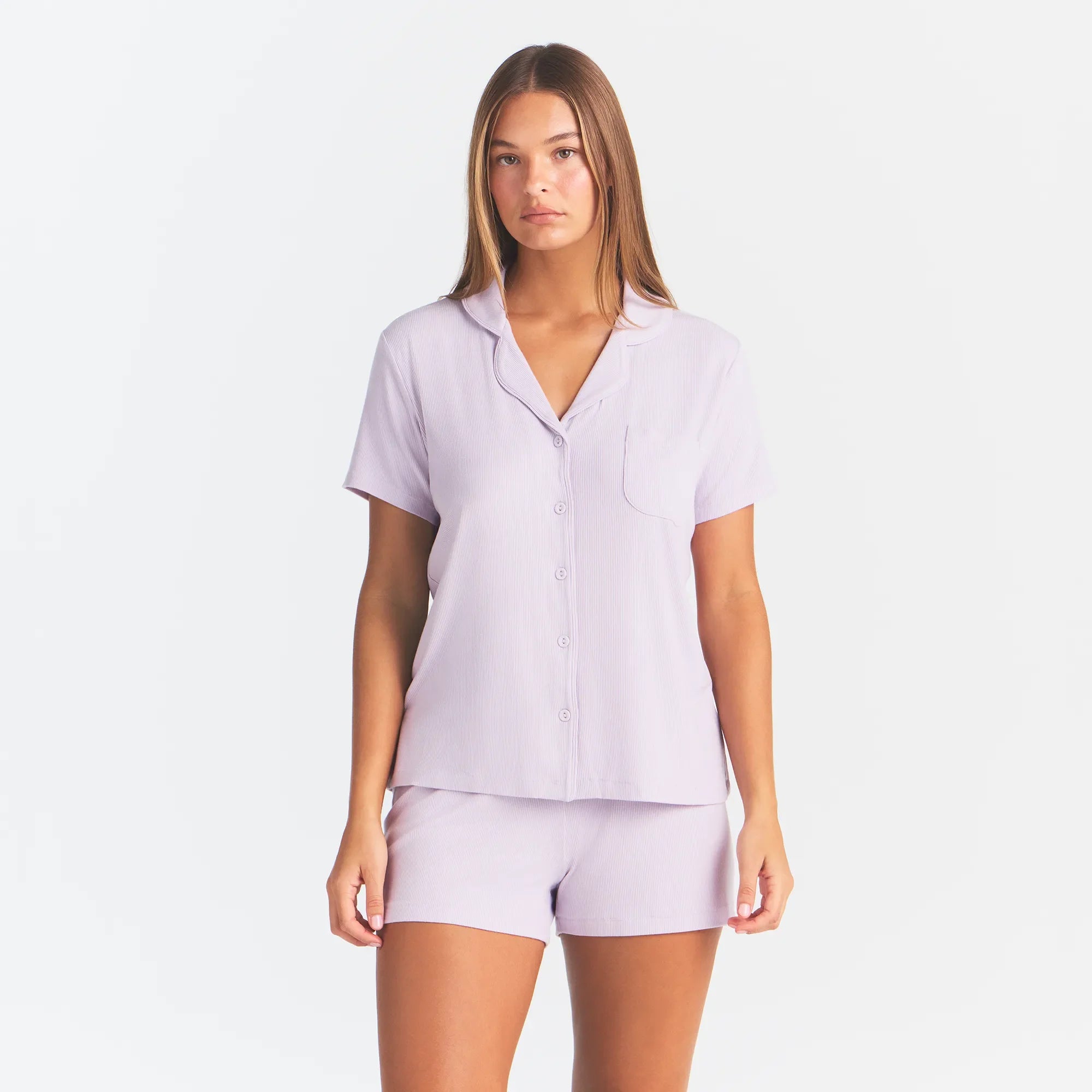 SOFT LOUNGE SHORT SLEEP SET | IRIS MICA ON A MODEL FRONT VIEW @ | FOCUS: 0.0, 1.0, 0.9