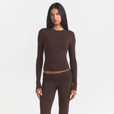 COTTON JERSEY LONG SLEEVE T-SHIRT | ESPRESSO ON A MODEL FRONT VIEW