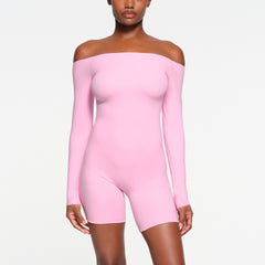 FITS EVERYBODY PICOT TRIM OFF THE SHOULDER ONESIE | BUBBLE GUM ON A MODEL FRONT VIEW