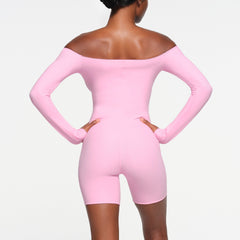 FITS EVERYBODY PICOT TRIM OFF THE SHOULDER ONESIE | BUBBLE GUM ON A MODEL BACK VIEW