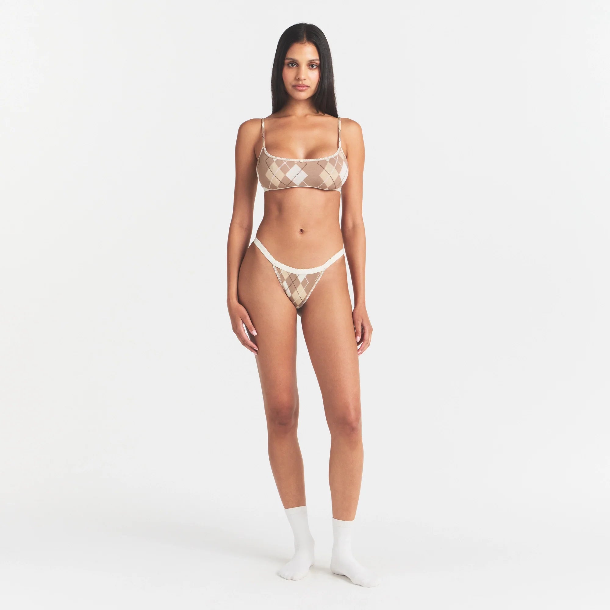 LIGHTWEIGHT COTTON LOGO PICOT STRING BIKINI | CAFE ARGYLE PRINT ON A MODEL FRONT VIEW @ | FOCUS: 0.0, 1.0, 0.9