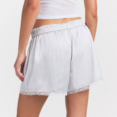 WOVEN SHINE LACE BOXER | SILVER TRIPLE PINSTRIPE ON A MODEL SIDE VIEW @ | FOCUS: 0.0, 1.0, 0.9