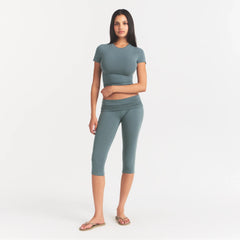 COTTON JERSEY FOLDOVER CAPRI | KYANITE ON A MODEL FRONT VIEW @ | FOCUS: 0.0, 1.0, 0.9