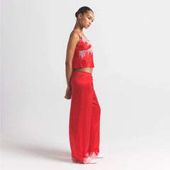 SILK LACE PANT | RUBY CONTRAST ON A MODEL FRONT VIEW @ | FOCUS: 0.0, 1.0, 0.9
