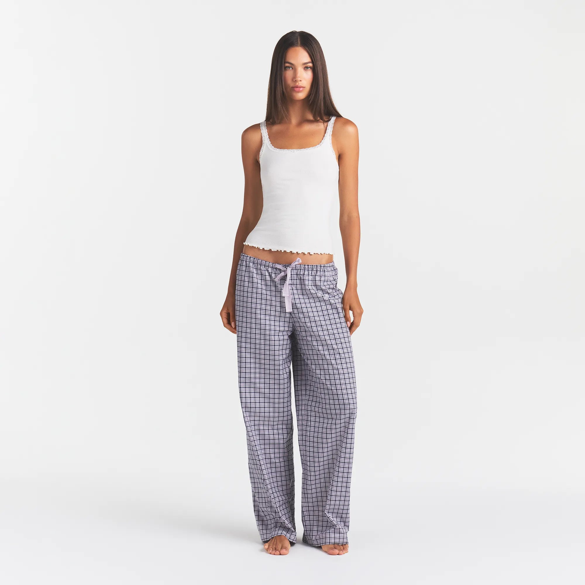COTTON POPLIN SLEEP OVERSIZED PANT | IRIS MICA NAVY CHECK ON A MODEL | FOCUS: 0.0, 1.0, 0.9