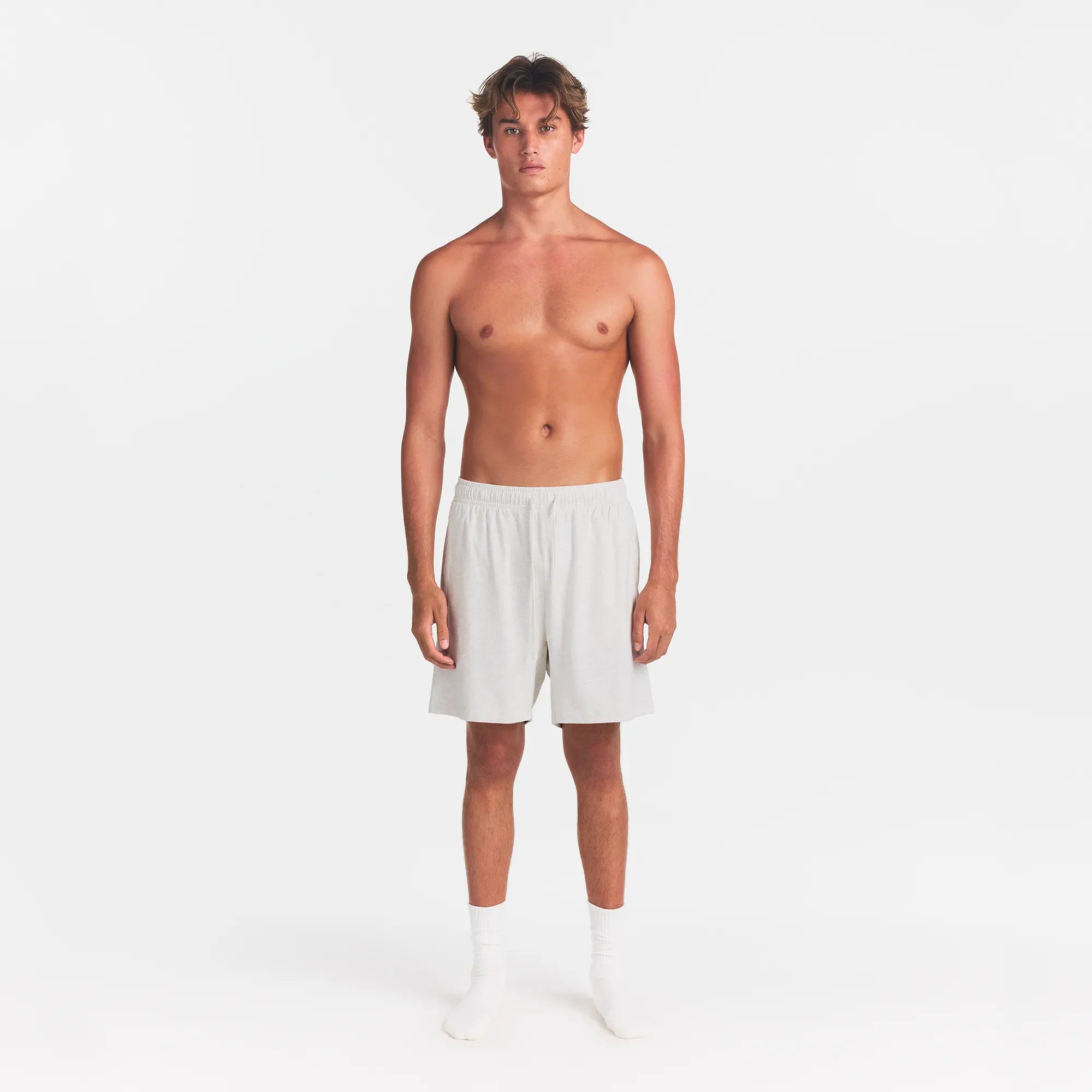 JERSEY LOUNGE MENS RELAXED SHORT | CHALK HEATHER ON A MODEL FRONT VIEW @ | FOCUS: 0.0, 1.0, 0.9