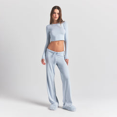 SKIMS SLEEP STRAIGHT LEG PANT | ZEN BLUE ON A MODEL FRONT VIEW @ | FOCUS: 0.0, 1.0, 0.9