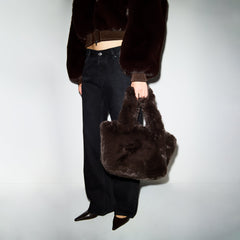 FAUX FUR MINI TOTE | ESPRESSO ON A MODEL FRONT VIEW @ | FOCUS: 0.0, 1.0, 0.9