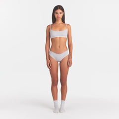 LIGHTWEIGHT COTTON POINTELLE LACE BRIEF | LIGHT HEATHER GREY ON A MODEL FRONT VIEW