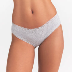 LIGHTWEIGHT COTTON POINTELLE LACE BRIEF | LIGHT HEATHER GREY ON A MODEL SIDE VIEW @ | FOCUS: 0.0, 1.0, 0.9