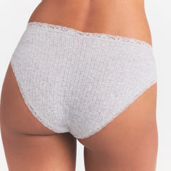 LIGHTWEIGHT COTTON POINTELLE LACE BRIEF | LIGHT HEATHER GREY ON A MODEL SIDE VIEW