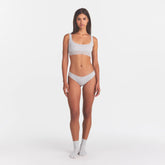 LIGHTWEIGHT COTTON LACE SCOOP BRALETTE | LIGHT HEATHER GREY ON A MODEL FRONT VIEW @ | FOCUS: 0.0, 1.0, 0.9