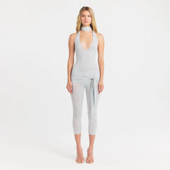 CUPRO JERSEY HALTER BODYSUIT | PEARL ON A MODEL FRONT VIEW @ | FOCUS: 0.0, 1.0, 0.9