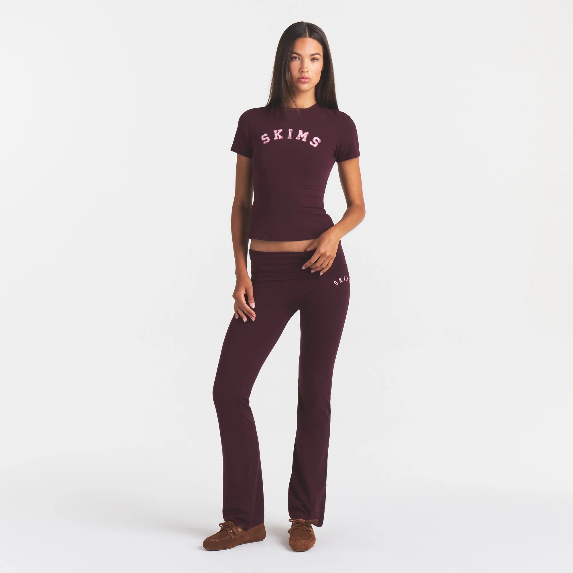 COTTON JERSEY LOGO FOLDOVER PANT | CURRANT ARCHED SKIMS PLAID ON A MODEL | FOCUS: 0.0, 1.0, 0.9