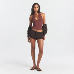 FRENCH TERRY RAW EDGE SHORT | ESPRESSO ON A MODEL FRONT VIEW @ | FOCUS: 0.0, 1.0, 0.9