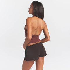 FRENCH TERRY RAW EDGE SHORT | ESPRESSO ON A MODEL SIDE VIEW @ | FOCUS: 0.0, 1.0, 0.9