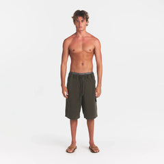 WOVEN MENS RELAXED CARGO SHORT | JUNGLE ON A MODEL FRONT VIEW @ | FOCUS: 0.0, 1.0, 0.9
