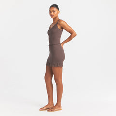 RIB KNIT LACE MINI SKIRT | AMETHYST ON A MODEL FRONT VIEW @ | FOCUS: 0.0, 1.0, 0.9