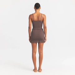 RIB KNIT LACE MINI SKIRT | AMETHYST ON A MODEL FRONT VIEW @ | FOCUS: 0.0, 1.0, 0.9
