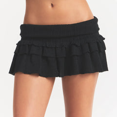 SHEER KNIT RUFFLE MINI SKIRT | ONYX ON A MODEL FRONT VIEW @ | FOCUS: 0.0, 1.0, 0.9