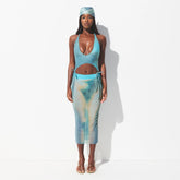 MESH COVER-UPS MIDI SKIRT | CYAN FK BODY PRINT ON A MODEL FRONT VIEW @ | FOCUS: 0.0, 1.0, 0.9