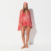SHEER COVER-UPS SHORT KAFTAN | CARMINE ZEBRA PRINT ON A MODEL FRONT VIEW @ | FOCUS: 0.0, 1.0, 0.9