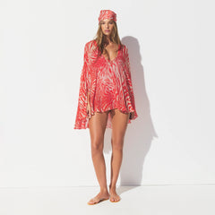 SHEER COVER-UPS SHORT KAFTAN | CARMINE ZEBRA PRINT ON A MODEL FRONT VIEW @ | FOCUS: 0.0, 1.0, 0.9