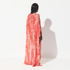 SHEER COVER-UPS LONG KAFTAN | CARMINE ZEBRA PRINT ON A MODEL SIDE VIEW @ | FOCUS: 0.0, 1.0, 0.9