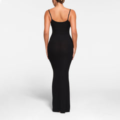 SOFT LOUNGE PETITE LONG SLIP DRESS WORN BY A MODEL IN BACK VIEW