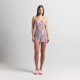 SKIMS SLEEP MINI DRESS | BLOOM MINI MULTI ANIMAL ON A MODEL FRONT VIEW @ | FOCUS: 0.0, 1.0, 0.9