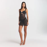 POWER MESH SHAPEWEAR OPEN BUST SLIP DRESS | ONYX ON A MODEL FRONT VIEW @