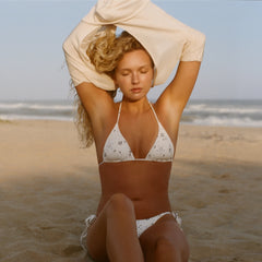 SIGNATURE SWIM TRIANGLE BIKINI TOP | ECRU BANDANA PRINT @ | FOCUS: 0.0, 1.0, 0.9