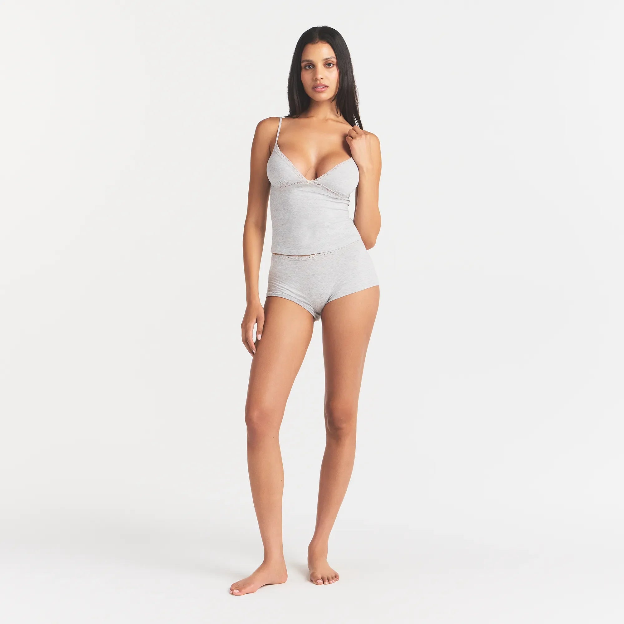 LIGHTWEIGHT COTTON LACE CAMI AND BOY SHORT SET | LIGHT HEATHER GREY ON A MODEL FRONT VIEW @ | FOCUS: 0.0, 1.0, 0.9