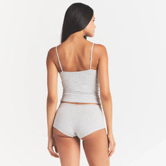 LIGHTWEIGHT COTTON LACE CAMI AND BOY SHORT SET | LIGHT HEATHER GREY ON A MODEL BACK VIEW @ | FOCUS: 0.0, 1.0, 0.9