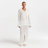 BRIDAL SLEEP FEATHER TRIM LONG SET | IVORY ON A MODEL FRONT VIEW @ | FOCUS: 0.0, 1.0, 0.9