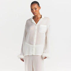 BRIDAL SLEEP FEATHER TRIM LONG SET | IVORY ON A MODEL SIDE VIEW @ | FOCUS: 0.0, 1.0, 0.9