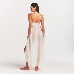 SKIMS ROMANCE LONG SLIP | IVORY ON A MODEL FRONT VIEW @ | FOCUS: 0.0, 1.0, 0.9