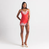 SILK LACE MINI SLIP DRESS | RUBY CONTRAST ON A MODEL FRONT VIEW @ | FOCUS: 0.0, 1.0, 0.9