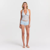 STRETCH LACE HALTER CAMI | POWDER BLUE ON A MODEL FRONT VIEW @ | FOCUS: 0.0, 1.0, 0.9
