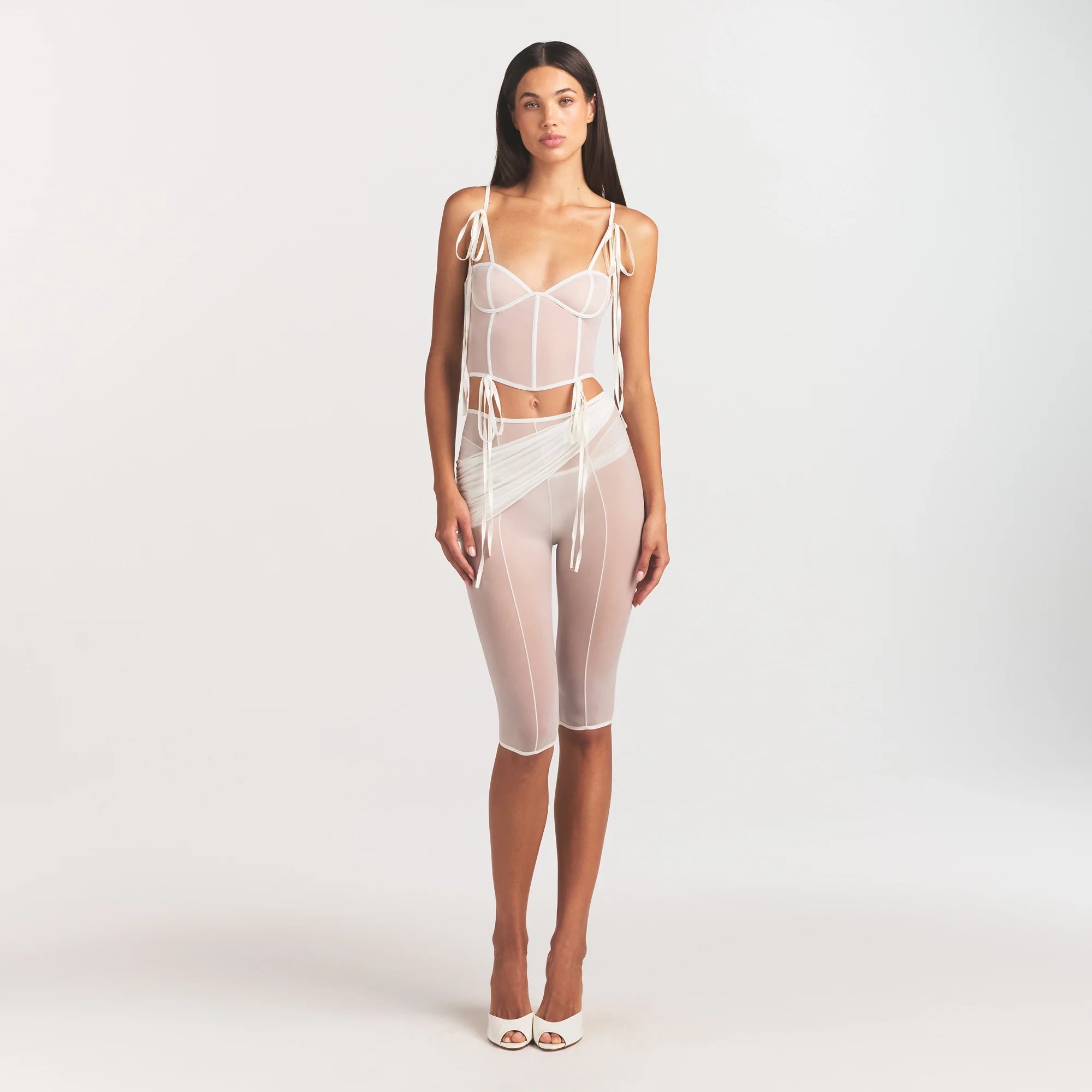 ULTRA FINE MESH BOW CORSET | IVORY ON A MODEL FRONT VIEW @ | FOCUS: 0.0, 1.0, 0.9