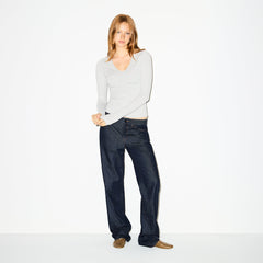 COTTON JERSEY SHIRRED BUST LONG SLEEVE | LIGHT HEATHER GREY ON A MODEL FRONT VIEW @ | FOCUS: 0.0, 1.0, 0.9