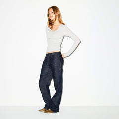 COTTON JERSEY SHIRRED BUST LONG SLEEVE | LIGHT HEATHER GREY ON A MODEL SIDE VIEW @ | FOCUS: 0.0, 1.0, 0.9