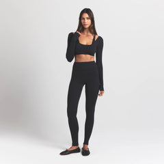 WOOL RIB LONG SLEEVE SUPER CROPPED TOP | OBSIDIAN ON A MODEL FRONT VIEW S | FOCUS: 0.0, 1.0, 0.9