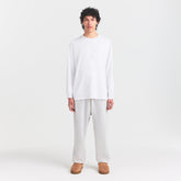 HEAVYWEIGHT COTTON MENS RELAXED LONG SLEEVE T-SHIRT | CHALK ON A MODEL FRONT VIEW @ | FOCUS: 0.0, 1.0, 0.9