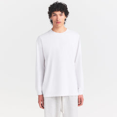 HEAVYWEIGHT COTTON MENS RELAXED LONG SLEEVE T-SHIRT | CHALK ON A MODEL SIDE VIEW @ | FOCUS: 0.0, 1.0, 0.9