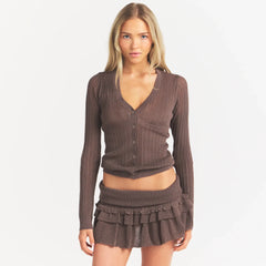 SHEER KNIT CARDIGAN | AMETHYST ON A MODEL FRONT VIEW @ | FOCUS: 0.0, 1.0, 0.9