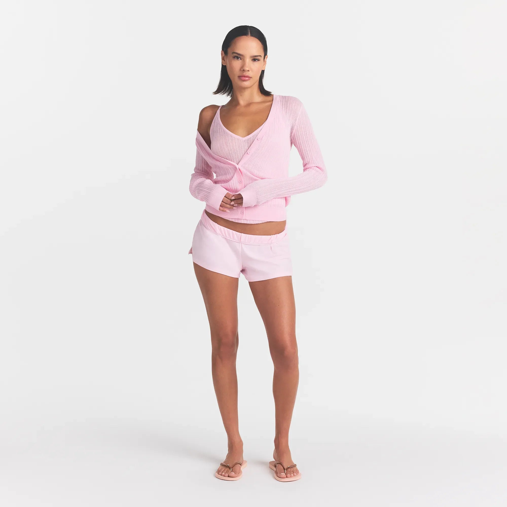 SHEER KNIT CARDIGAN | PEONY ON A MODEL FRONT VIEW @ | FOCUS: 0.0, 1.0, 0.9